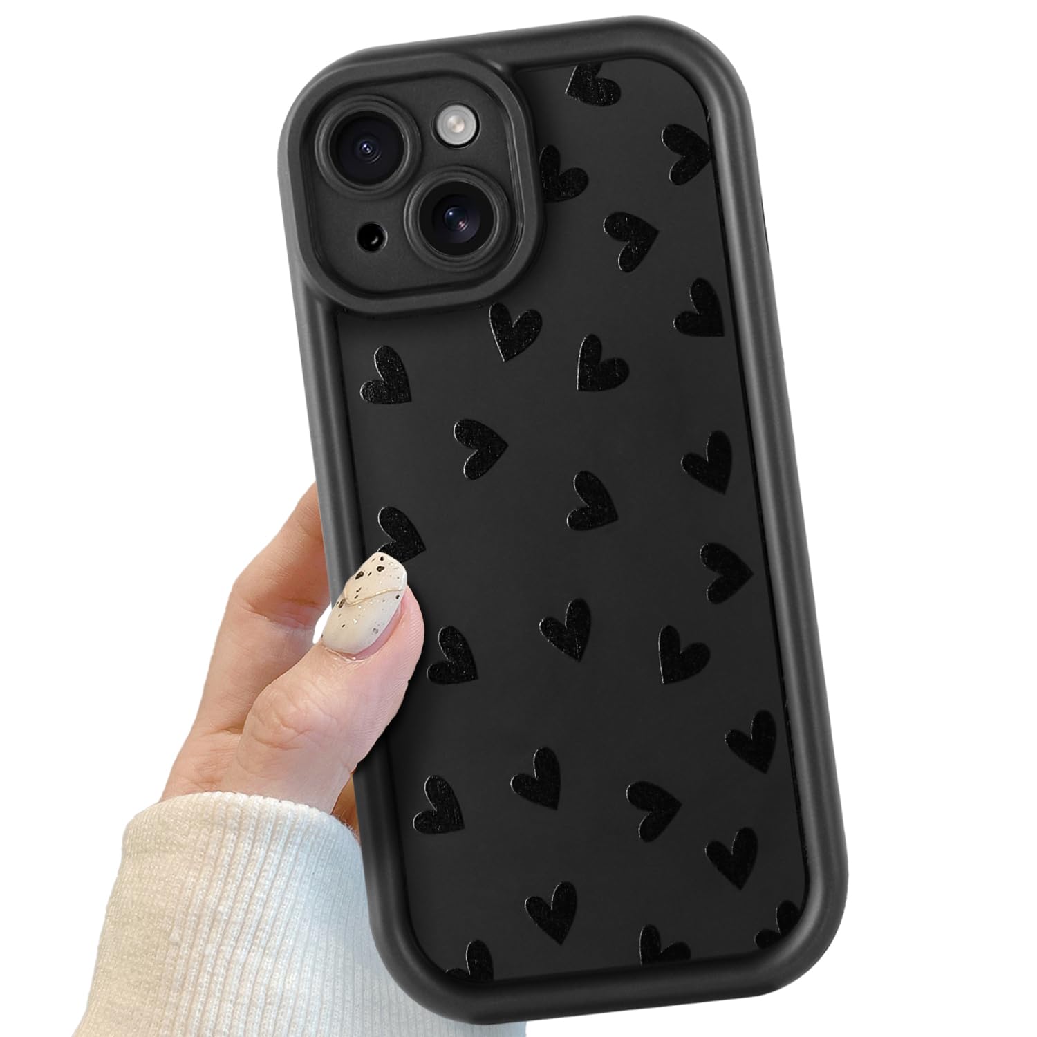 Black Cute Heart Phone Case for iPhone 15 Plus, Cute Cool Heart